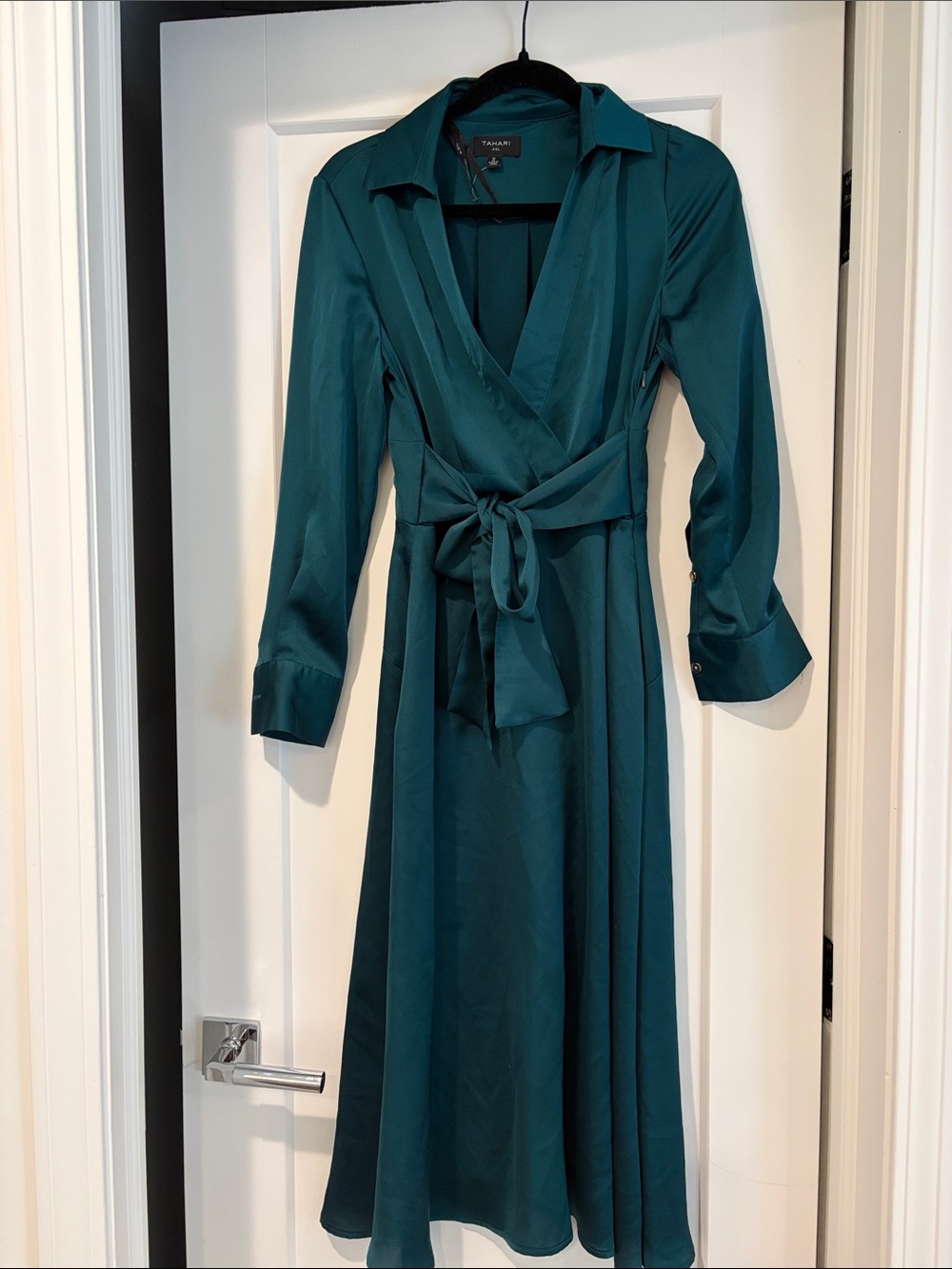 Tahari Teal Wrap Midi Dress with Waist Tie